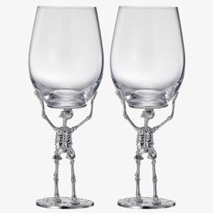 🆕 Well Dressed Home Set of 2 Wine Glasses, Halloween Skeleton Hand Wine Glasses